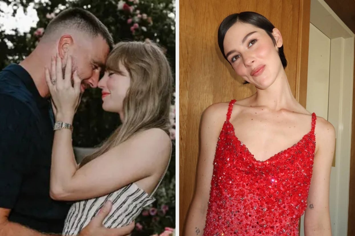 Travis Kelce and Taylor Swift embrace in a garden vs Gracie Abrams in a sequined dress with her head titled