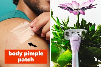 Pimple patch on shoulder; purple razor next to a pink daisy