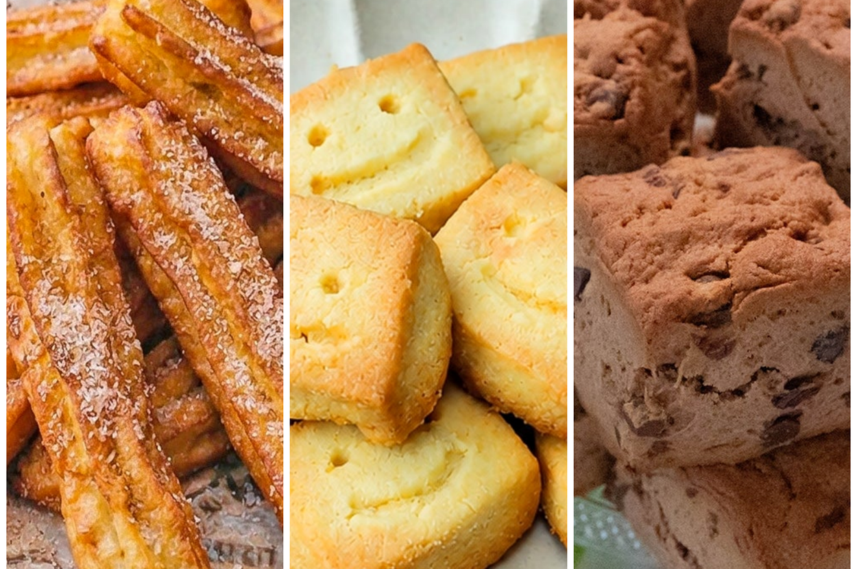 3種類の焼き菓子が並んでいる。左からチュロス、スマイリークッキー、フルーツケーキ。