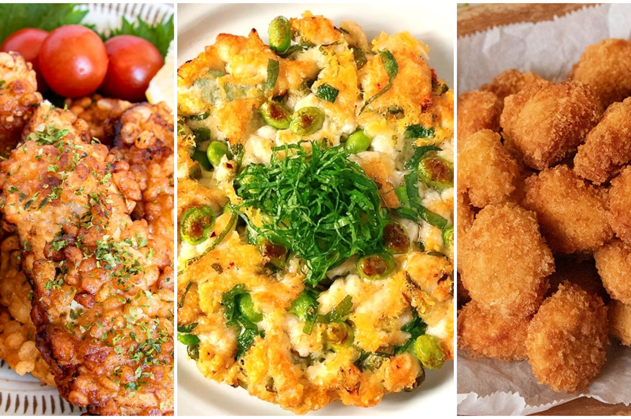 左から順に、ハーブが乗ったフライドチキン、緑の野菜とハーブで彩られたオムレツ、サクサクのフライドチキンナゲット。