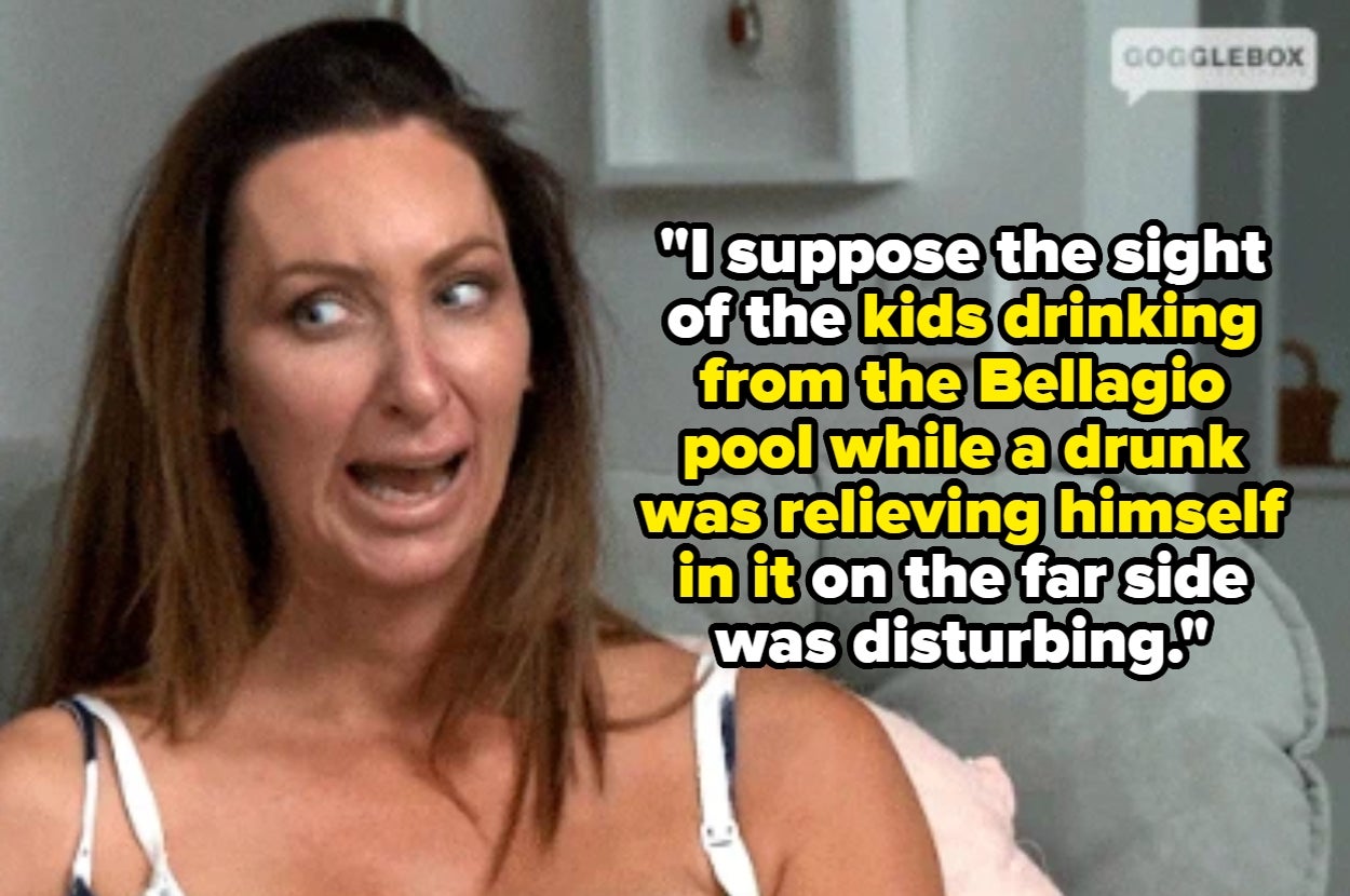 Person reacts with surprise to caption about kids and a drunk at the Bellagio pool