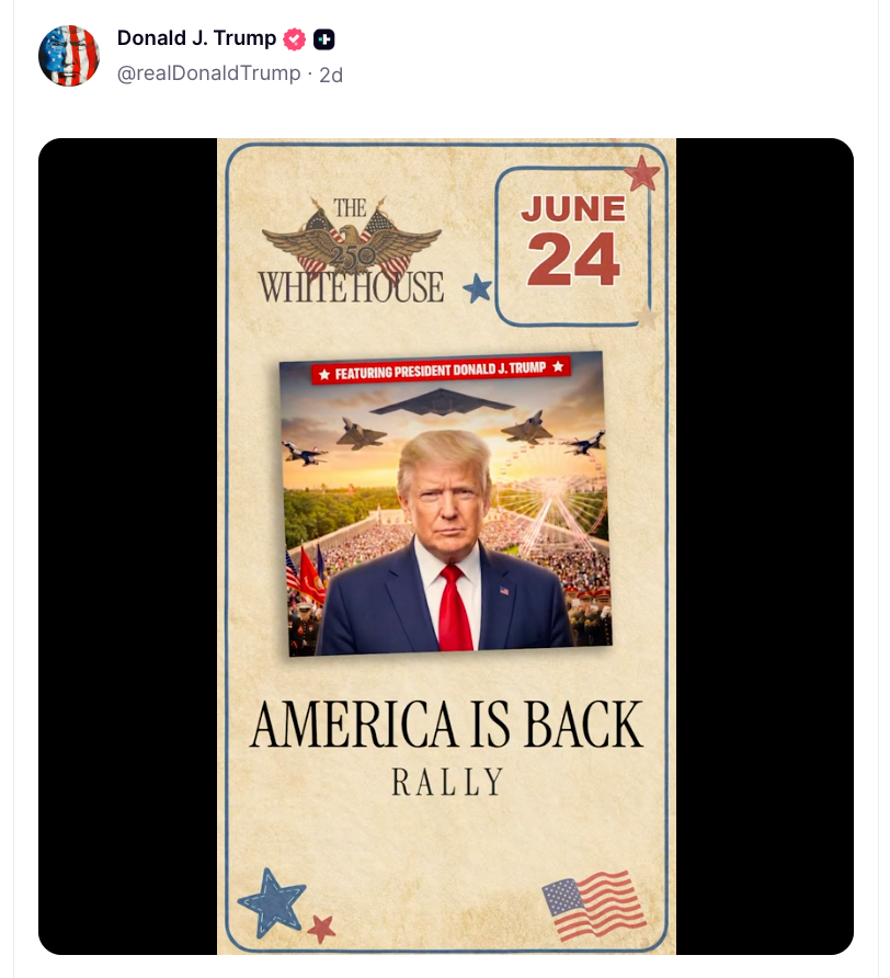 Poster for a governmental rally connected June 24, featuring an representation of a nationalist fig with the header "America Is Back Rally."