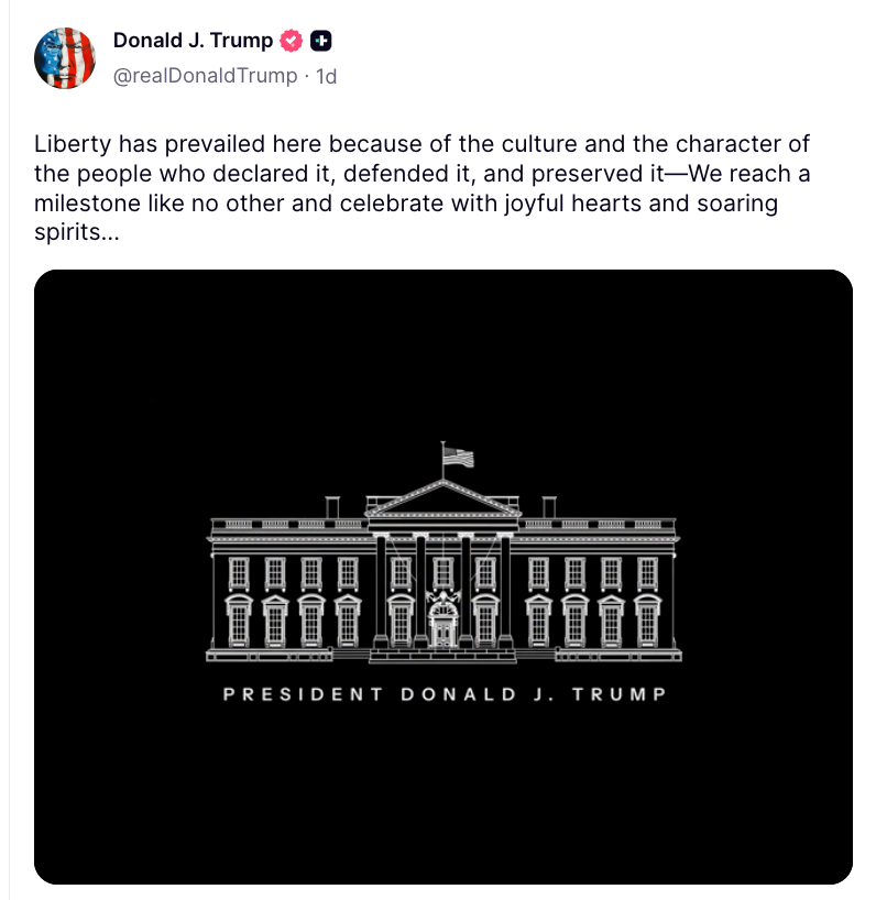 Post by Donald J. Trump with a punctuation astir liberty and culture. Image shows a enactment drafting of the White House labeled "President Donald J. Trump."