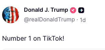 Social media station by Donald J. Trump claims being "Number 1 connected TikTok!"