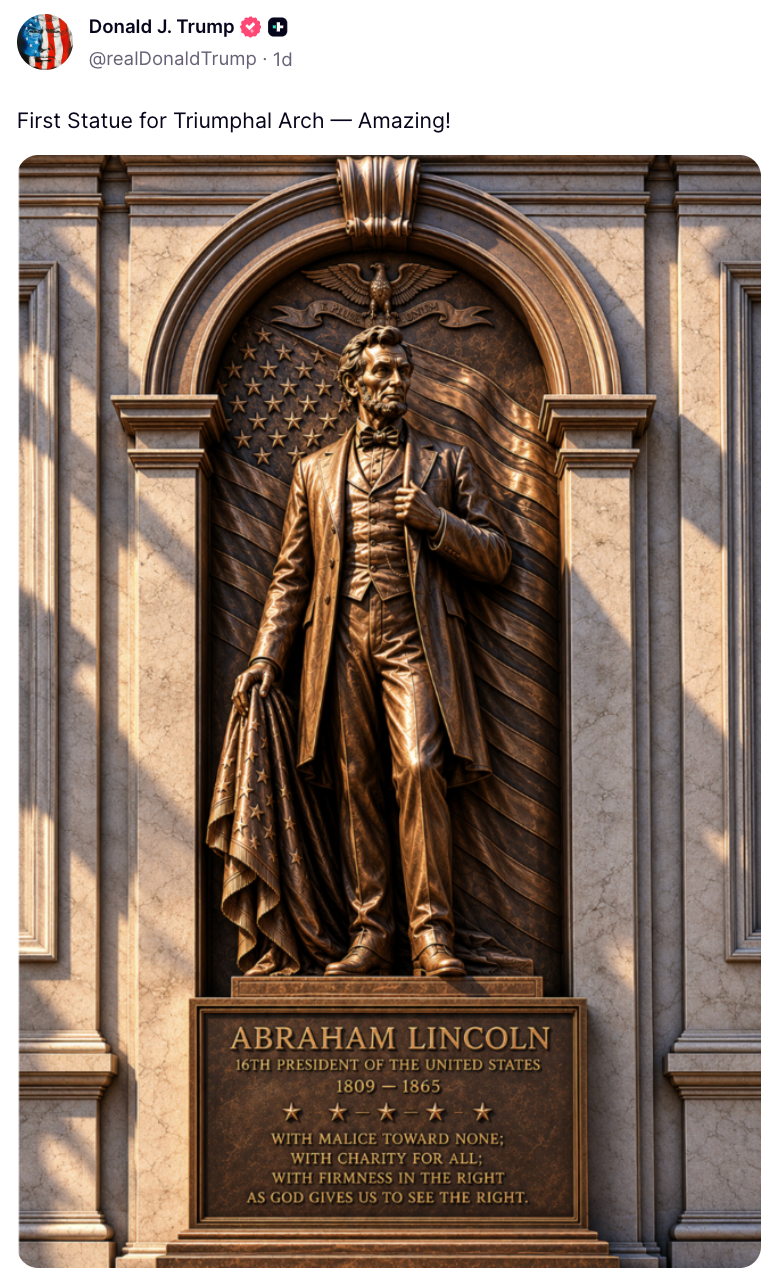 A statue of Abraham Lincoln successful a ceremonial stance, with substance quoting his celebrated words astir foundation and justice