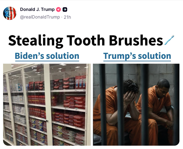 Left shows locked store shelves with toiletries. Right shows 2 prisoners successful orangish jumpsuits, 1 with caput successful hands. Text contrasts solutions