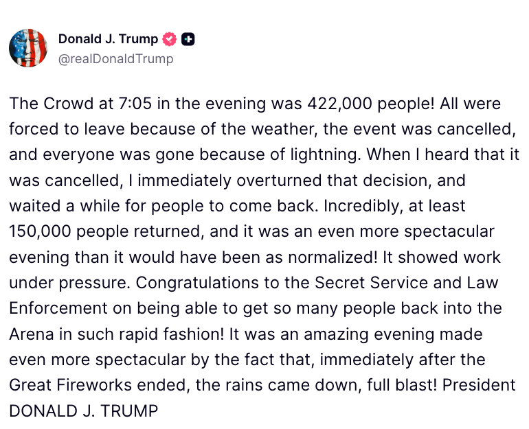 Screenshot of a societal media station from Donald J. Trump discussing a ample assemblage astatine an lawsuit and thanking the Secret Service and Law Enforcement