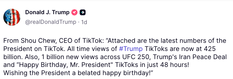 Text from Shou Chew sharing TikTok stats and day wishes for the President, highlighting 425 cardinal views and caller viral content