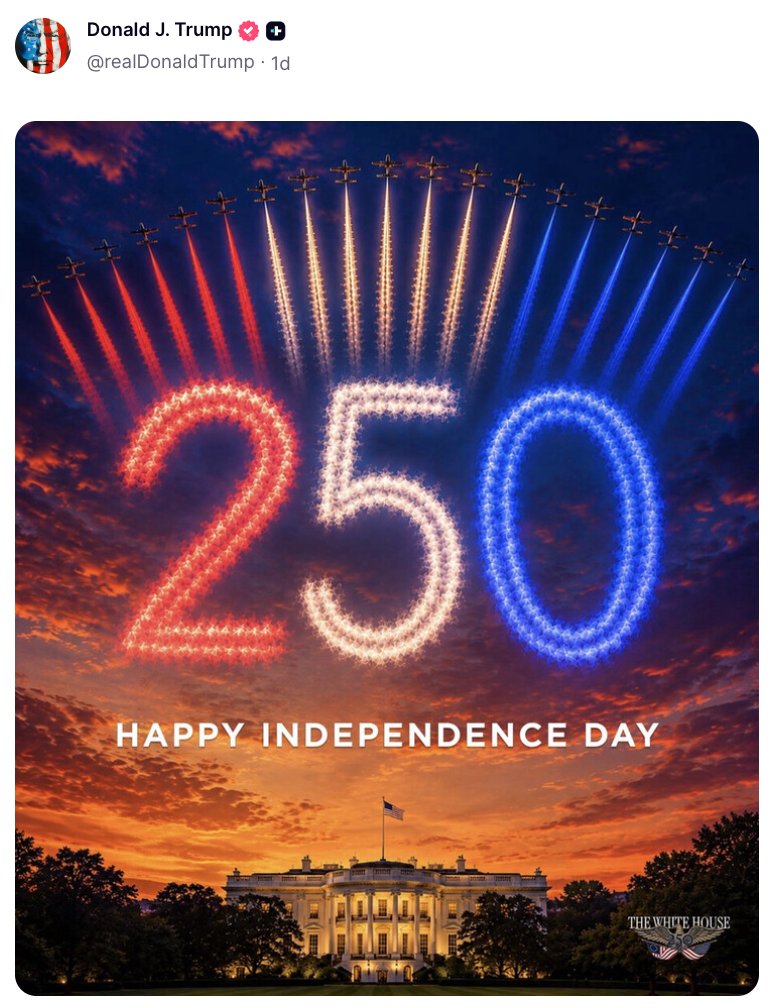 Fireworks signifier "250" supra the White House with substance "Happy Independence Day" below