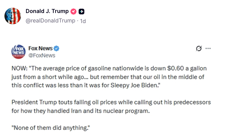 Social media station shows a tweet from Fox News astir state prices falling, with commentary connected governmental leadership