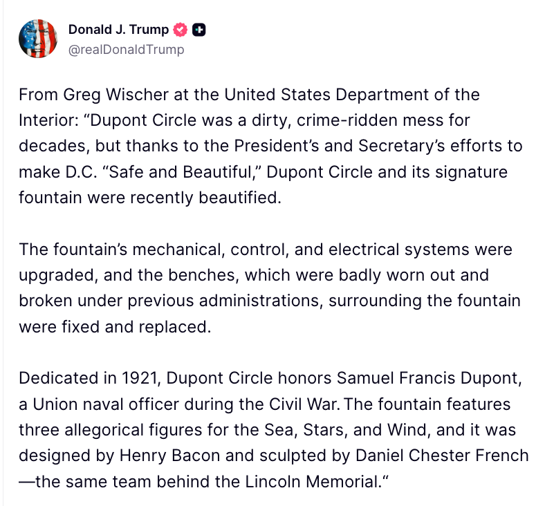 Tweet by Donald J. Trump discussing renovations to Dupont Circle's historical fountain, with details connected the fountain's past and design