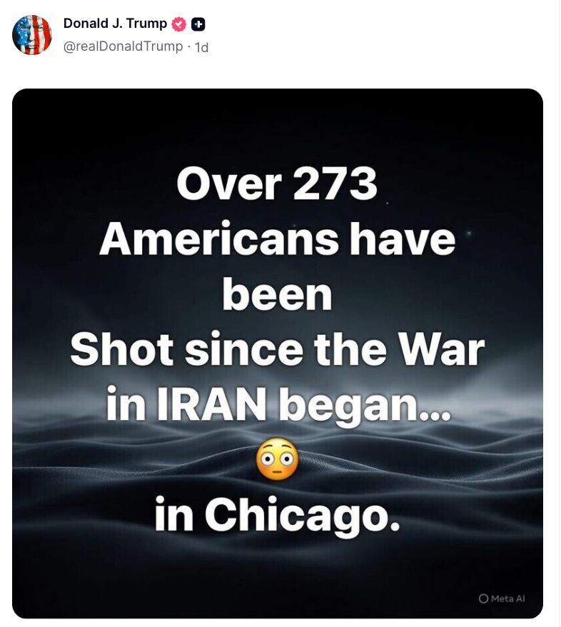 Over 273 Americans changeable successful Chicago since the commencement of the Iran war, according to a societal media station by Donald J. Trump