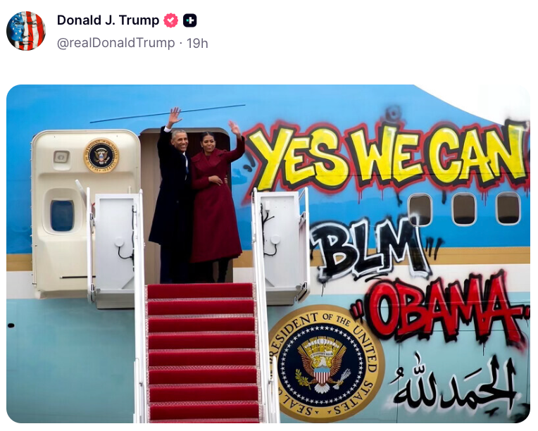 Barack and Michelle Obama question from Air Force One with graffiti speechmaking "Yes We Can," "BLM," and "Obama" painted connected the plane