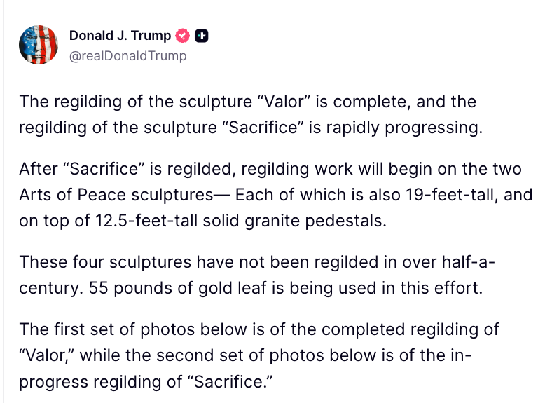 Tweet from Donald Trump showing sculptures "Valor" and "Sacrifice" being regilded with golden leafage connected granite pedestals