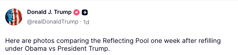 Split representation showing 2 photos of the Reflecting Pool. Text compares its authorities 1 week aft refilling during Obama's and Trump's presidencies