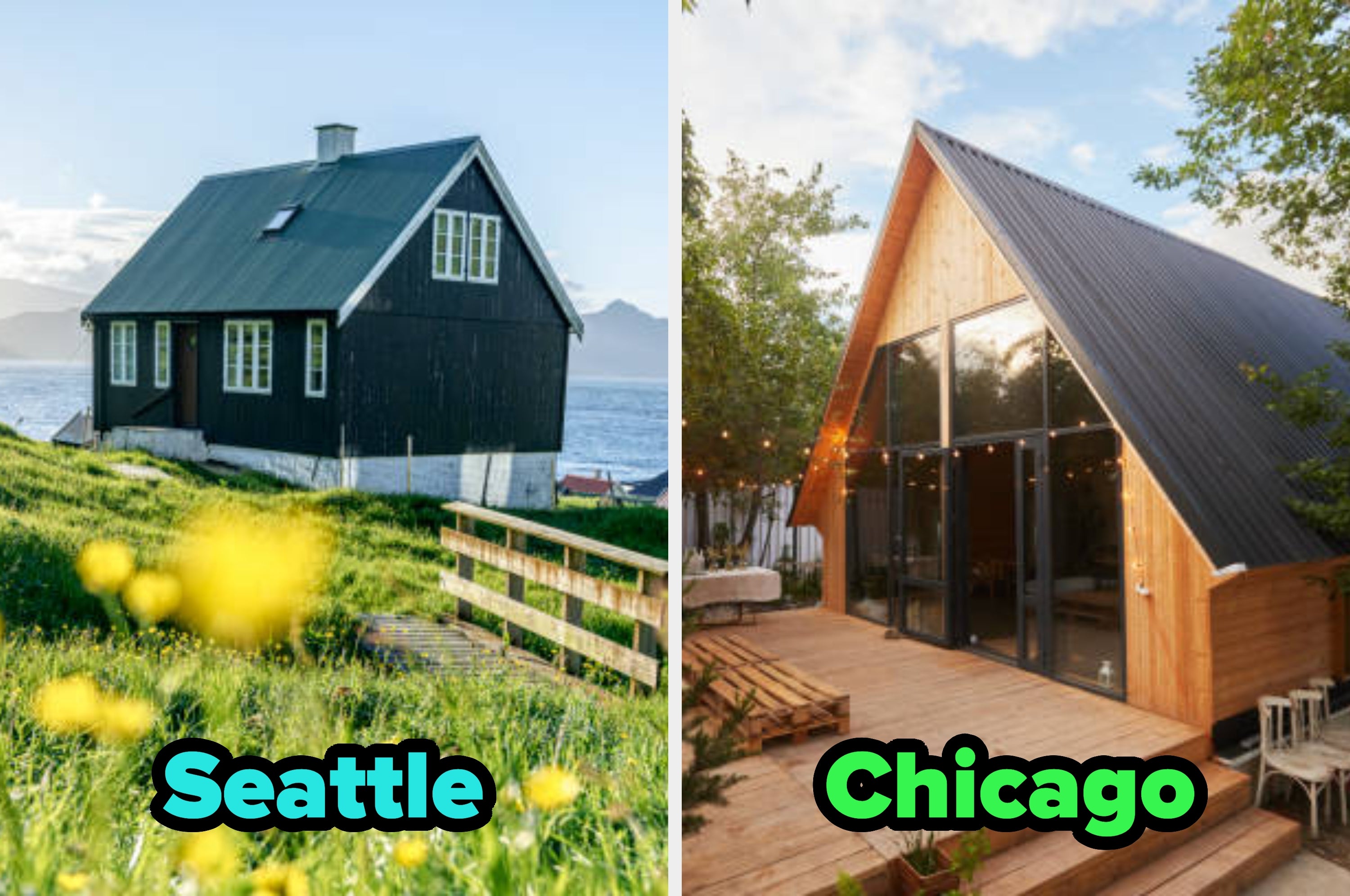 Split image of two houses: left is a black Nordic-style cabin labeled "Seattle," right is a modern wooden house labeled "Chicago."