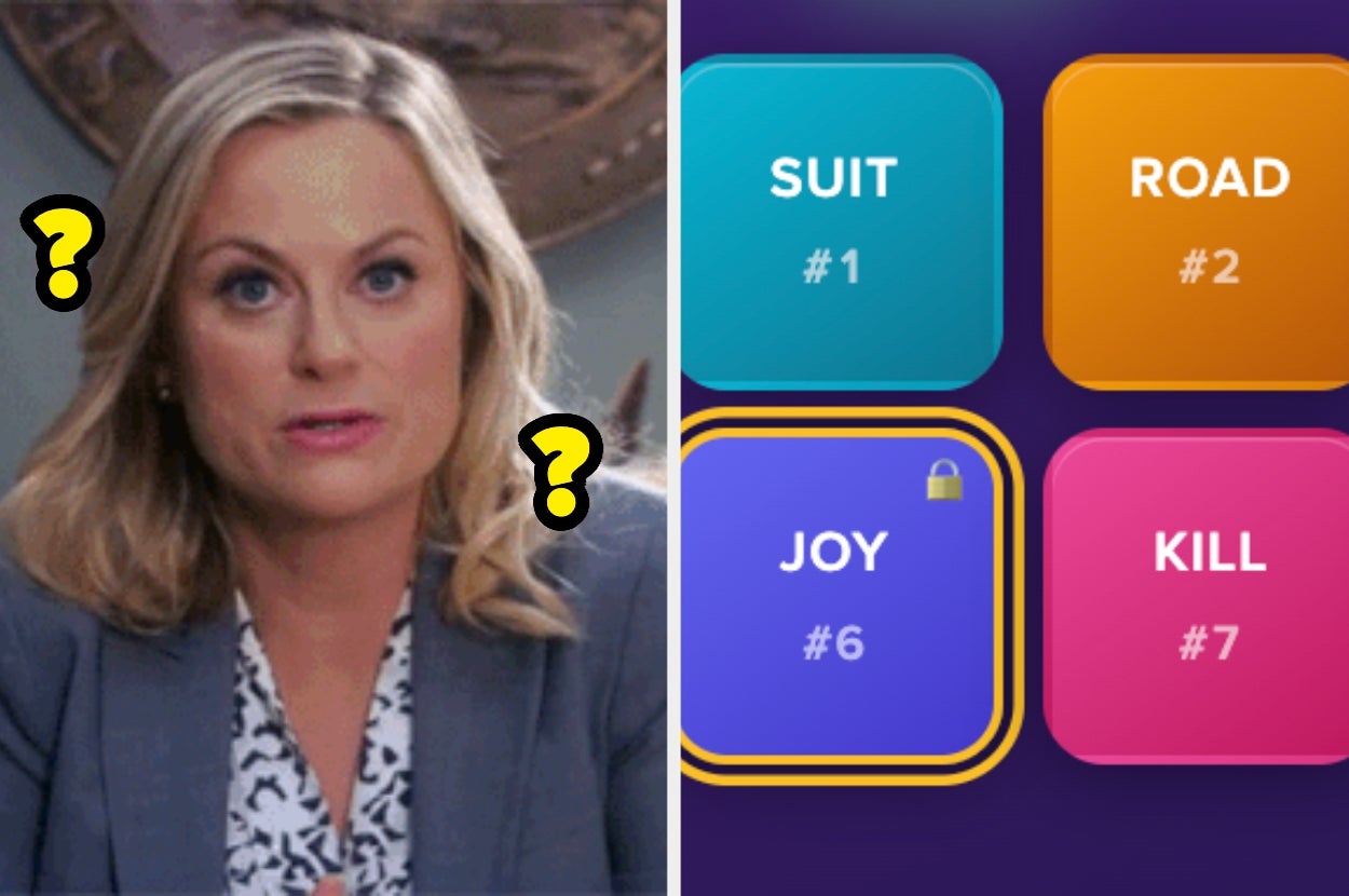 A woman appears confused on the left side, next to a grid of word puzzles on the right side, ranking options 1 to 7