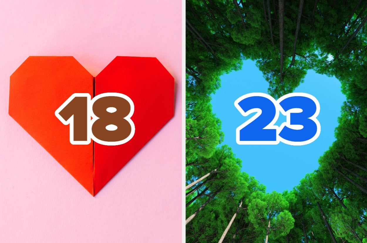 Heart-shaped origami with "18"; tree canopy forming a heart with "23"