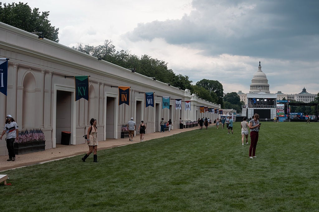 Outdoor lawsuit adjacent the U.S. Capitol with authorities banners displayed on a building. People walking connected a grassy area. Cloudy entity overhead