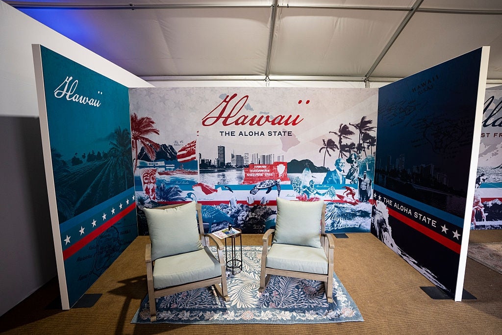 The Aloha State" with tropical and municipality scenery