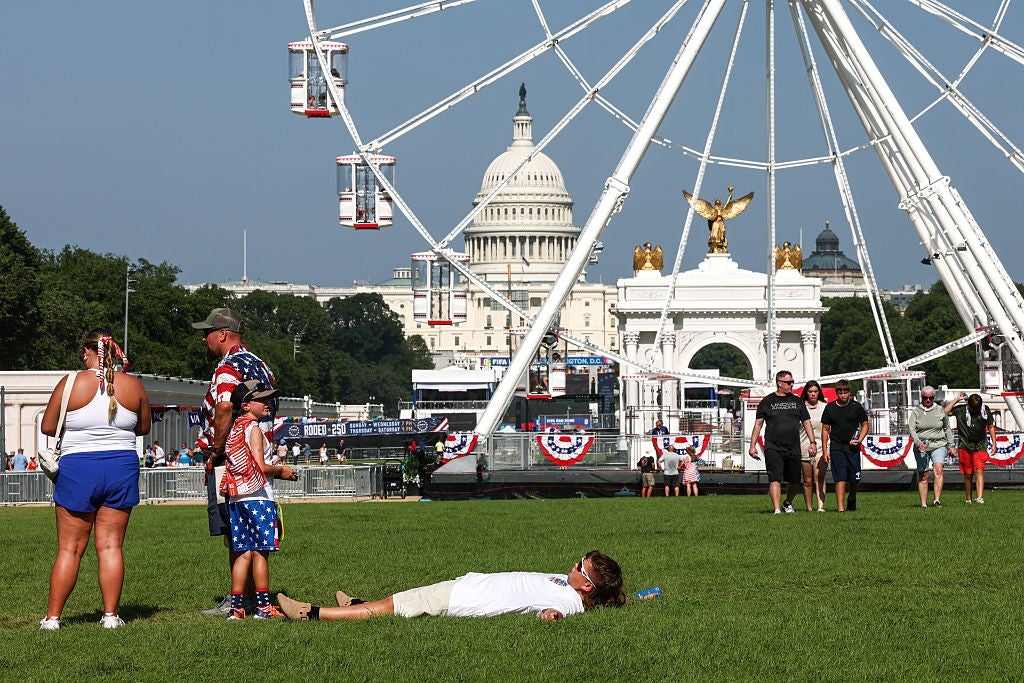 People astatine a parkland with a Ferris instrumentality and the U.S. Capitol successful the background. A idiosyncratic lies connected the writer portion others basal nearby