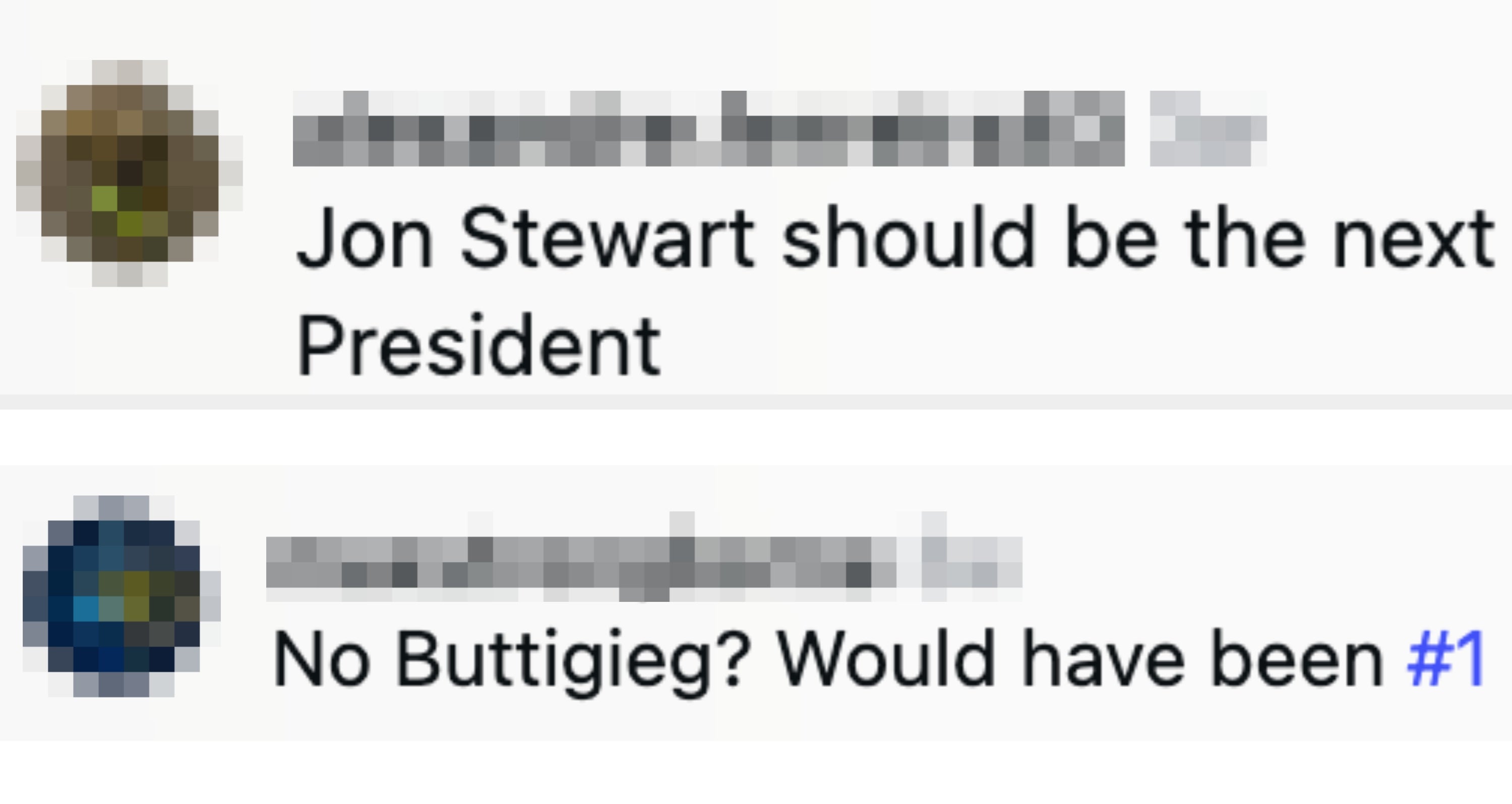 Comment suggesting Jon Stewart arsenic the adjacent President