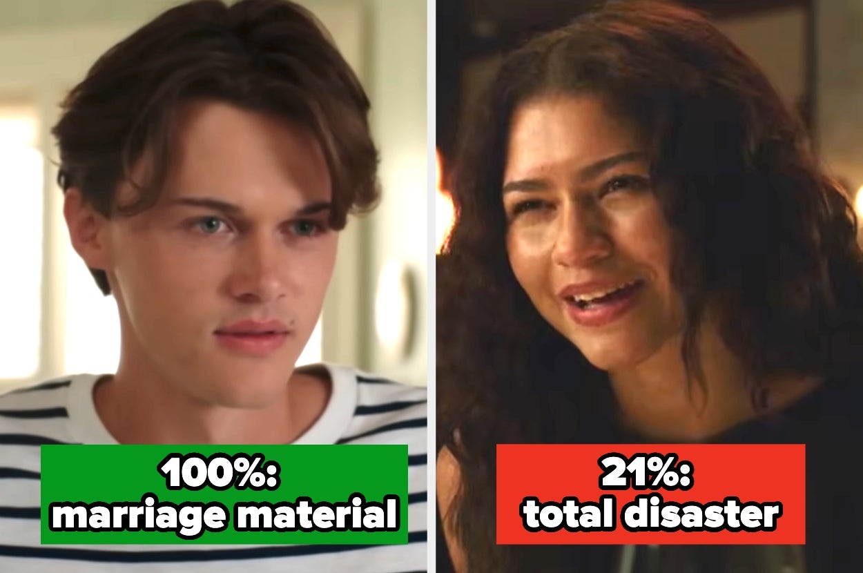 Split image with two people: Left says "100%: marriage material," right says "21%: total disaster."