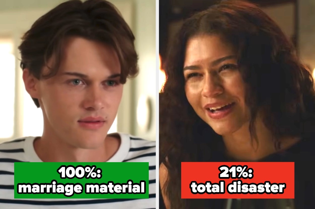 Split image with two people: Left says "100%: marriage material," right says "21%: total disaster."