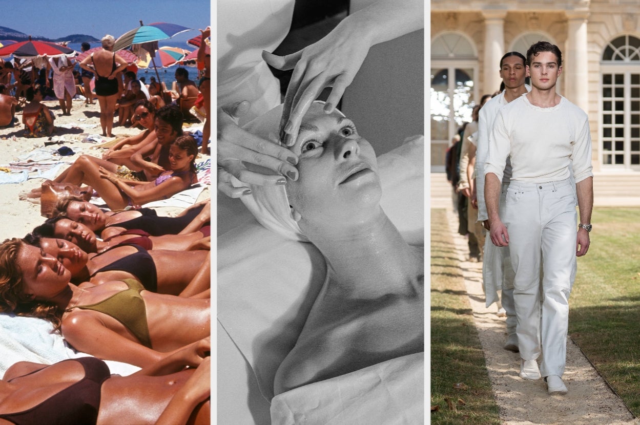 Left: Group sunbathing on a crowded beach. Center: Person receiving a facial treatment. Right: Fashion model walking on a grassy runway in casual attire