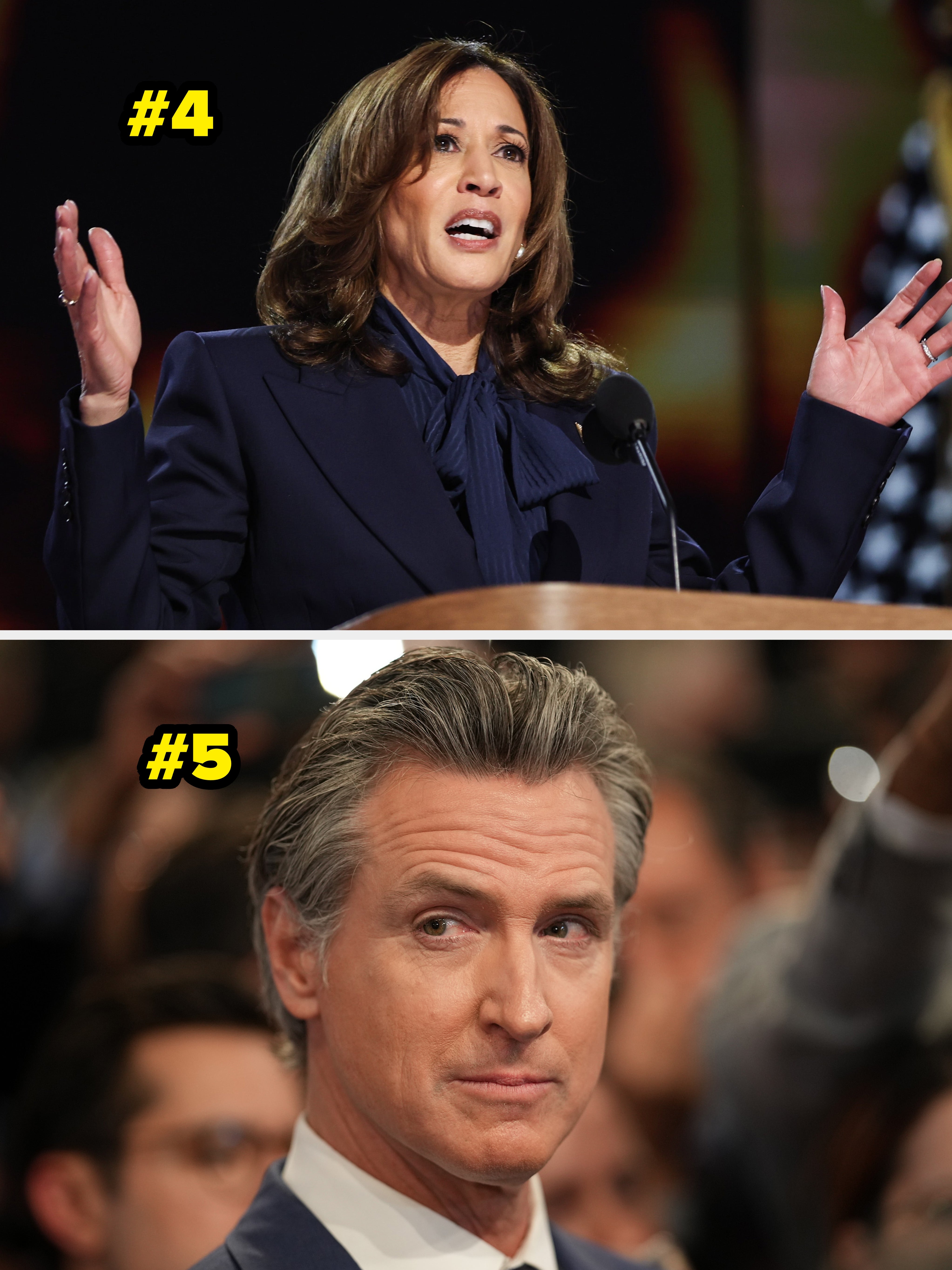 A idiosyncratic connected stage, speaking passionately with hands raised, lasting successful beforehand of U.S. flags. Wearing a ceremonial acheronian suit