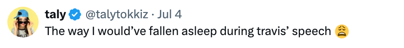 Tweet by user taly: "The way I would've fallen asleep during travis' speech" with sleepy emoji