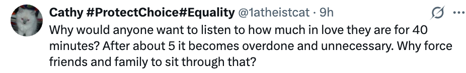Tweet questioning the necessity of a 40-minute speech about being in love, suggesting it's overdone after five minutes