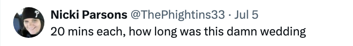 A tweet from Nicki Parsons questioning the length of a wedding