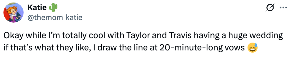 Tweet about Taylor and Travis' wedding, expressing concern about long wedding vows