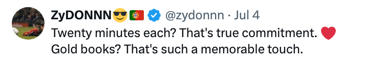 Tweet from @zydonnn: "Twenty minutes each? That's true commitment. Gold books? That's such a memorable touch."