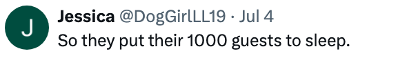 Tweet by user Jessica mentioning putting 1,000 guests to sleep