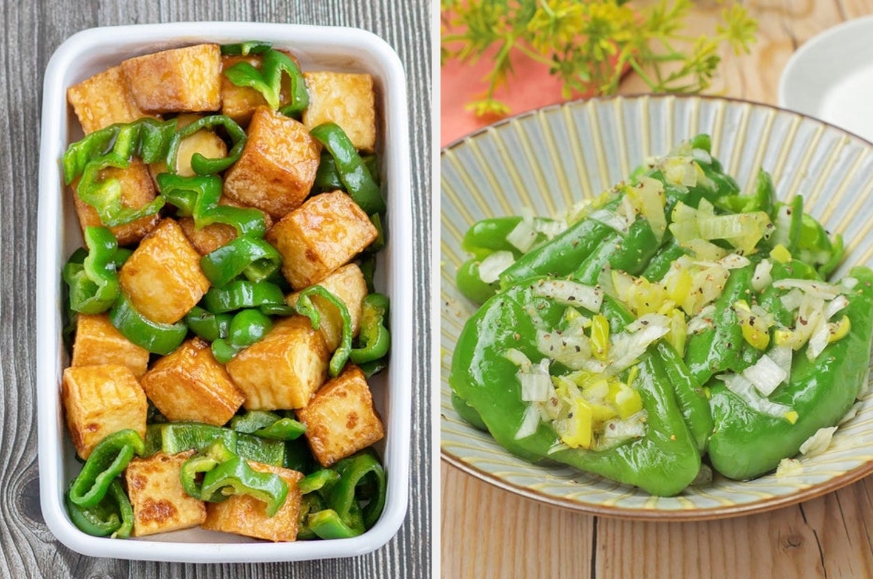 2種類の料理。左はピーマンと豆腐の炒め物、右はピーマンのサラダ。
