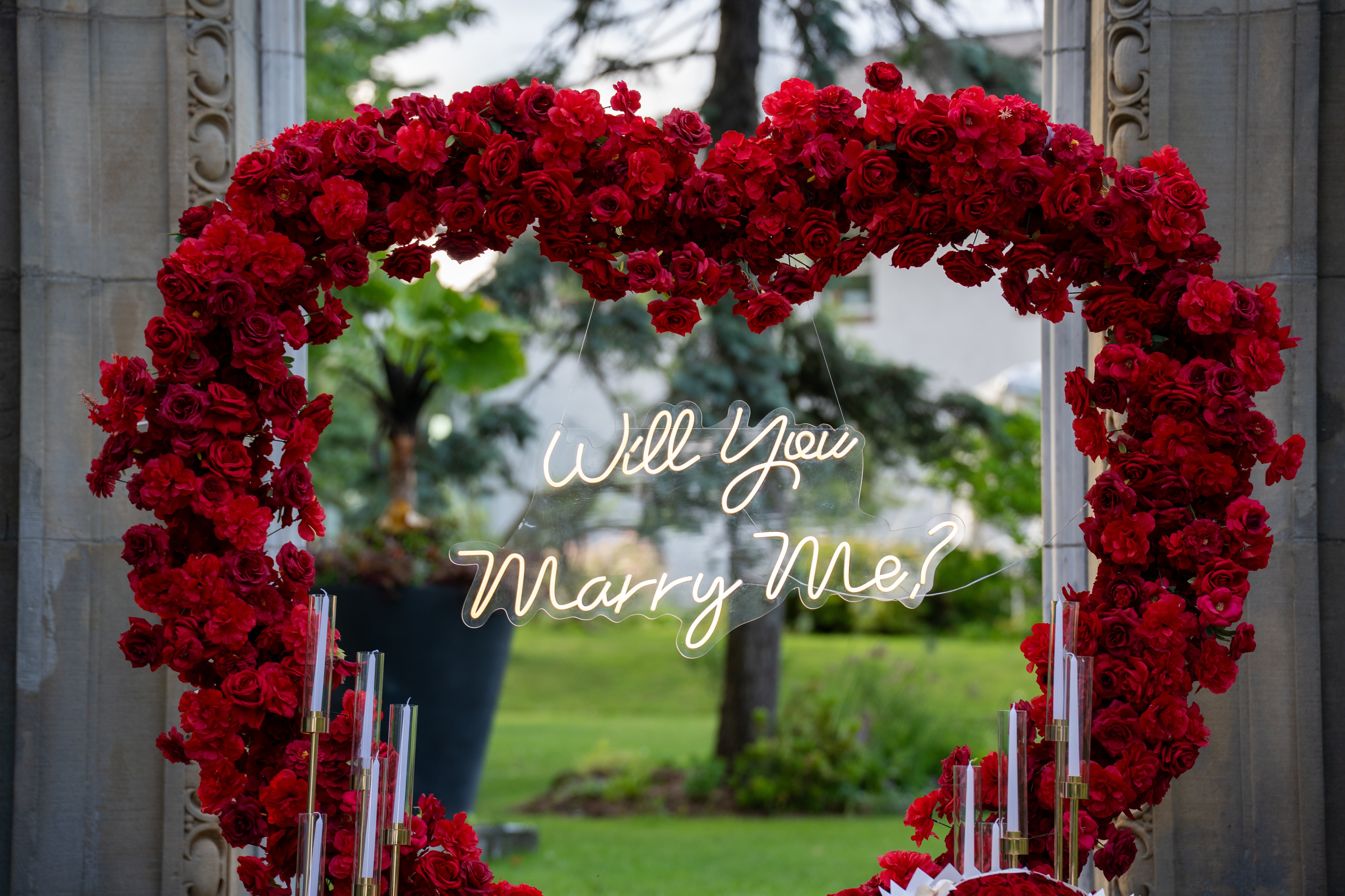 Heart-shaped roseate arch with "Will You Marry Me?" neon sign, acceptable successful a garden