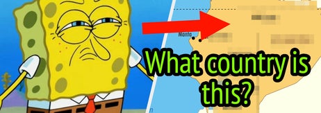 Skeptical SpongeBob meme next to a blurred map outline with text asking "What country is this?" and an arrow pointing to it