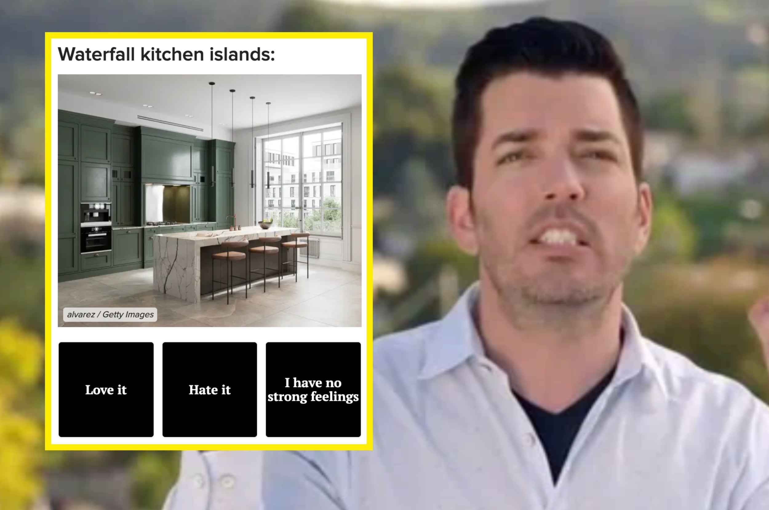 A person gestures energetically next to a voting poll about waterfall kitchen islands, featuring a modern kitchen design with pendant lighting