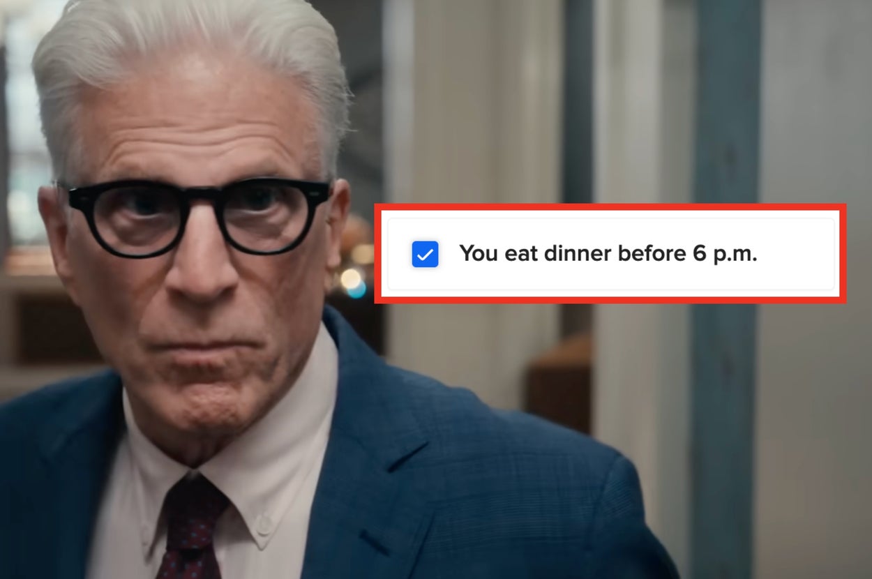 A man in a suit with glasses looks serious. A text box reads: "You eat dinner before 6 p.m." with a checkmark