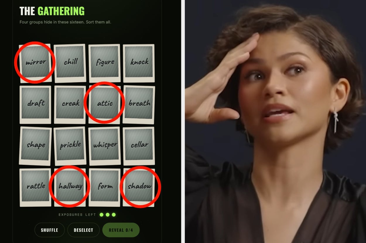 A woman gestures beside a word game on a screen titled "The Gathering," with words like "mirror" and "shadow" circled in red