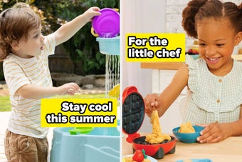 Two children play with toys: one with a water playset outdoors, another making toy waffles indoors, both smiling