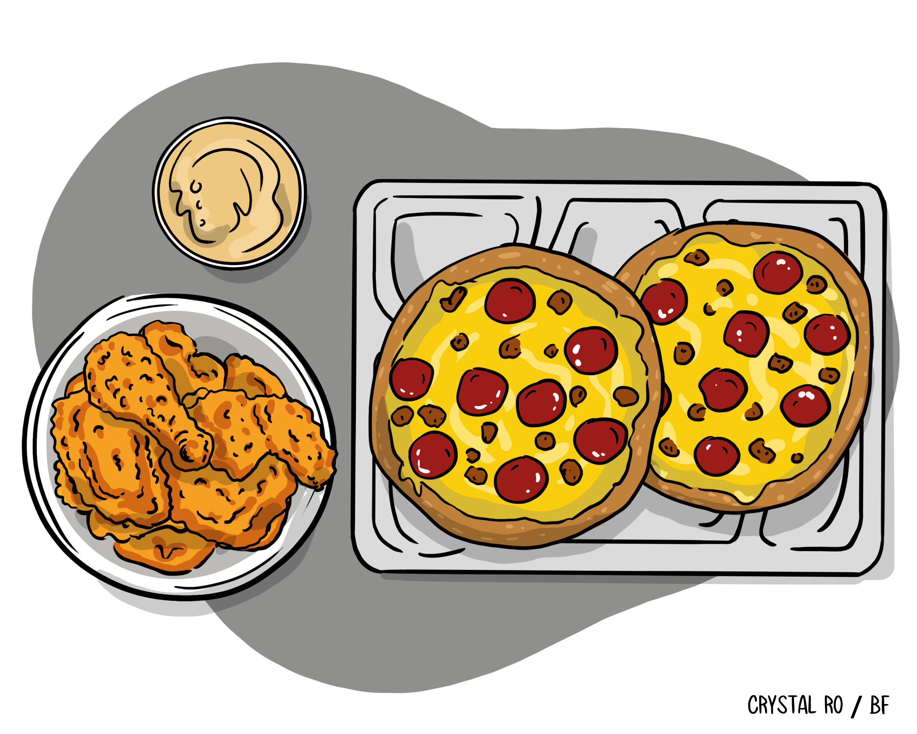 Illustration of a schoolhouse luncheon tray with 2 pizzas topped with pepperoni and a broadside of chickenhearted nuggets. A tiny cupful of dipping condiment is included