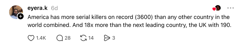 Thread: America has more serial killers on record (3600) than any other country in the world combined. And 18x more than the next leading country, the UK with 190.