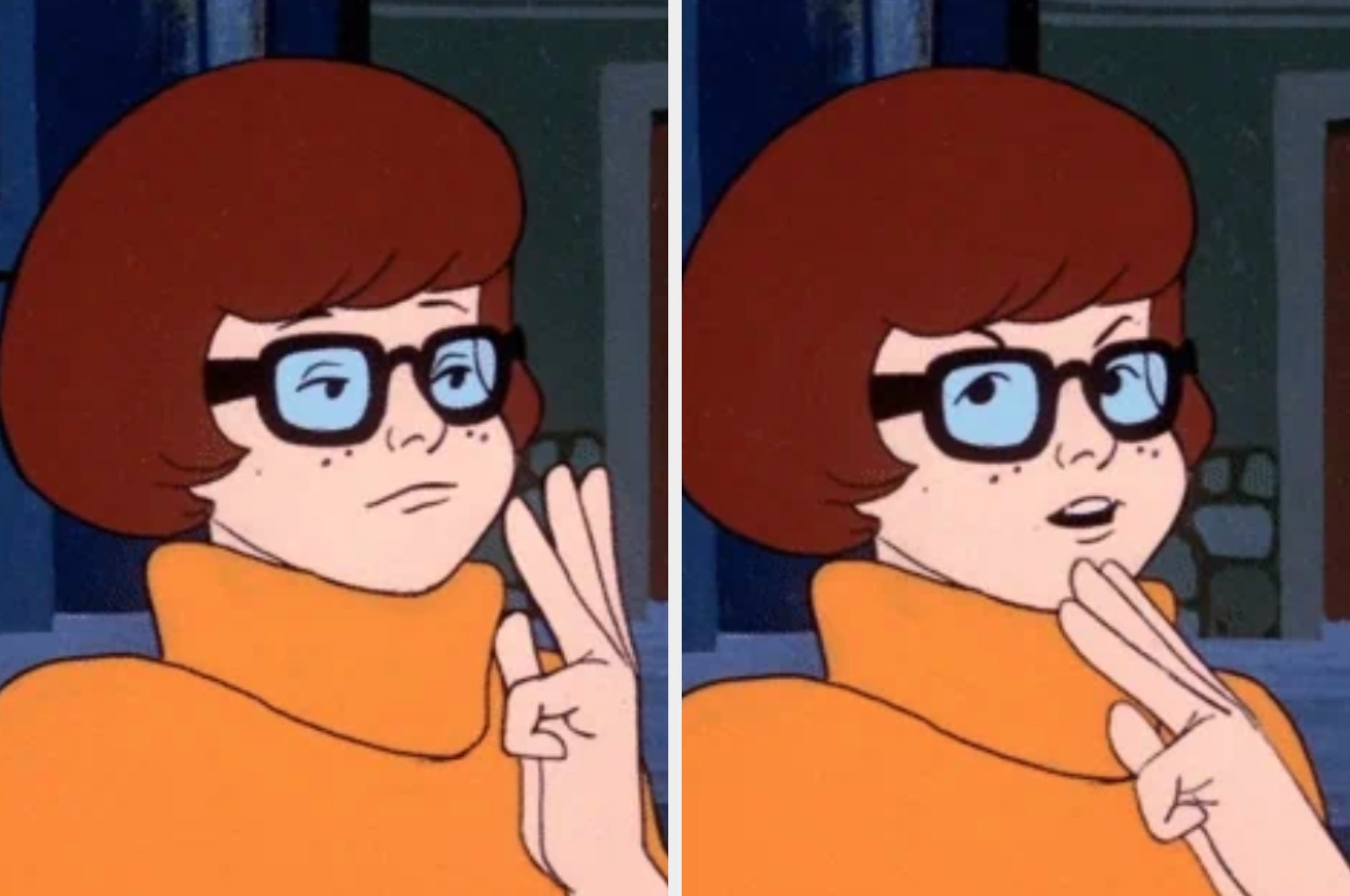 Cartoon character in orange turtleneck flashes peace signals with different expressions