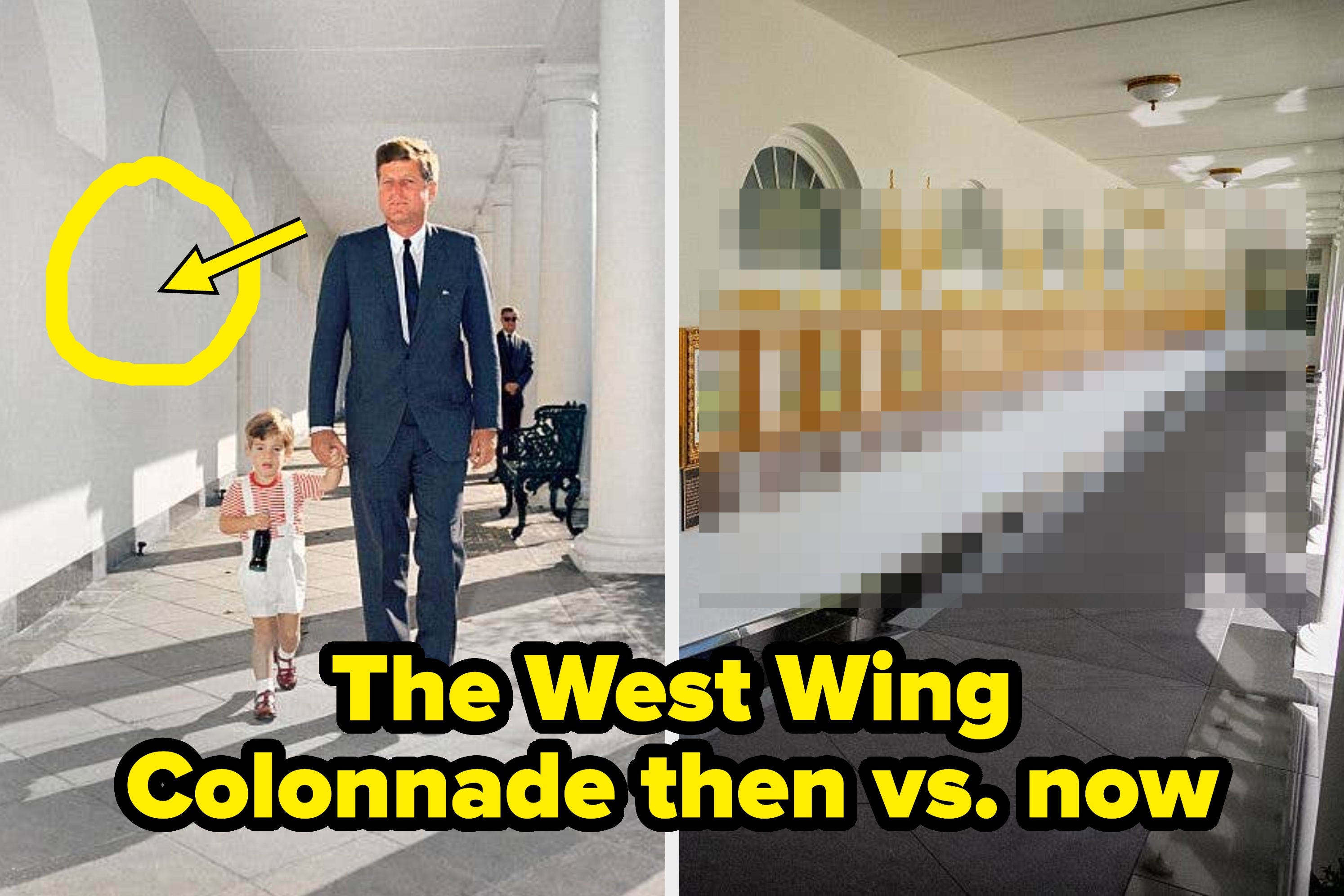 Historic photo of a man in a suit walking with a child under the West Wing Colonnade next to a current photo showing renovations