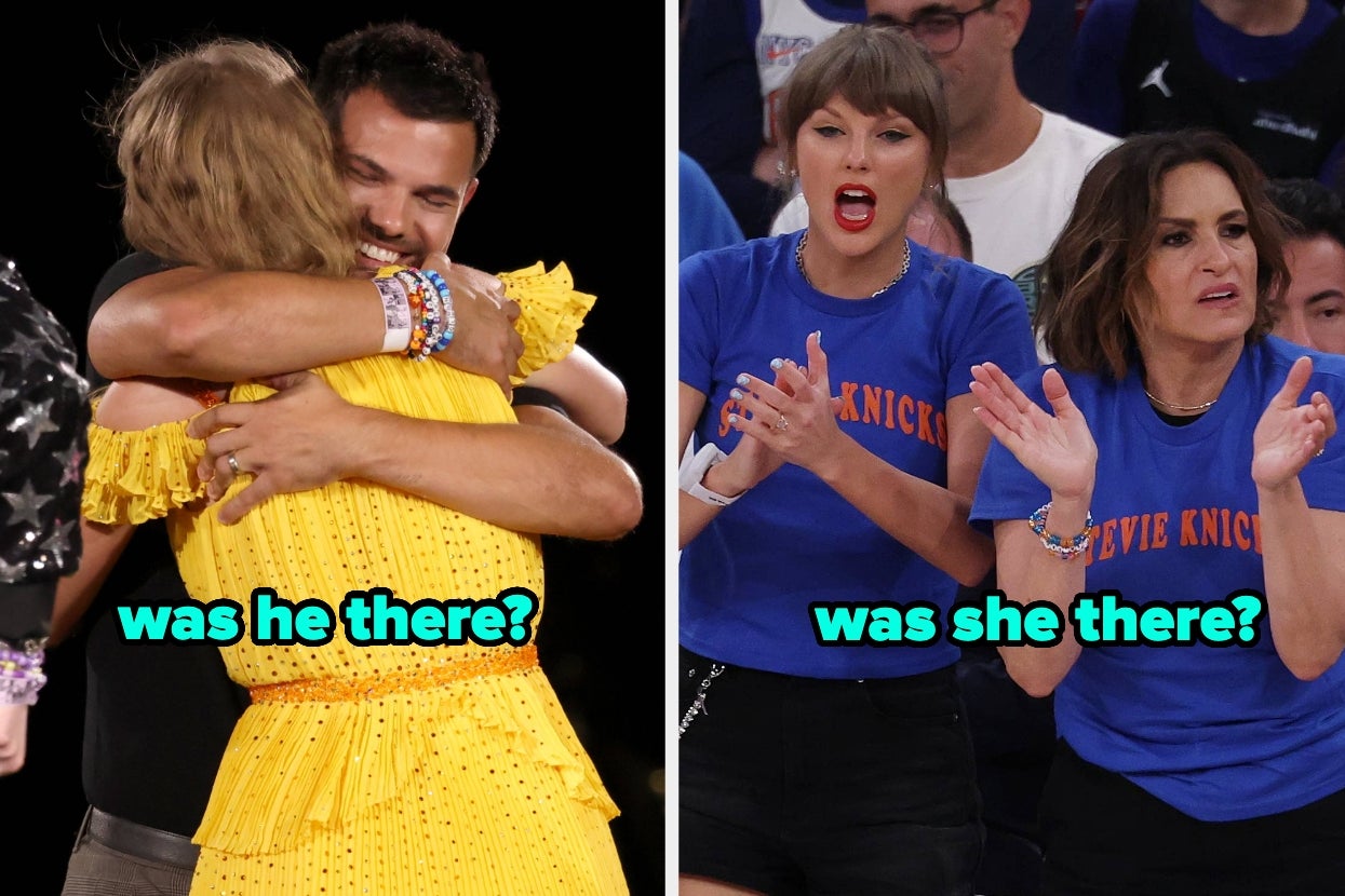 Two images: left shows a woman in a yellow dress hugging a man; right shows two women in T-shirts reacting at an event