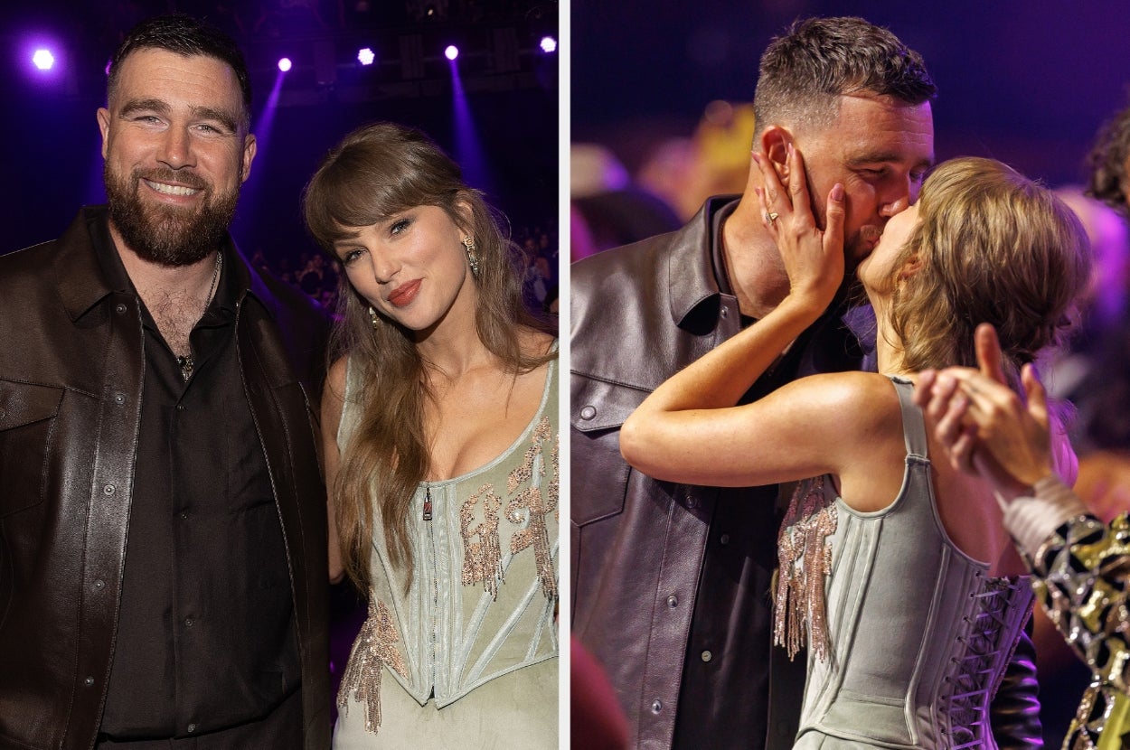 Two celebrities pose together in one photo; in the other, they share a kiss. The woman wears a corset-style dress with floral embellishments