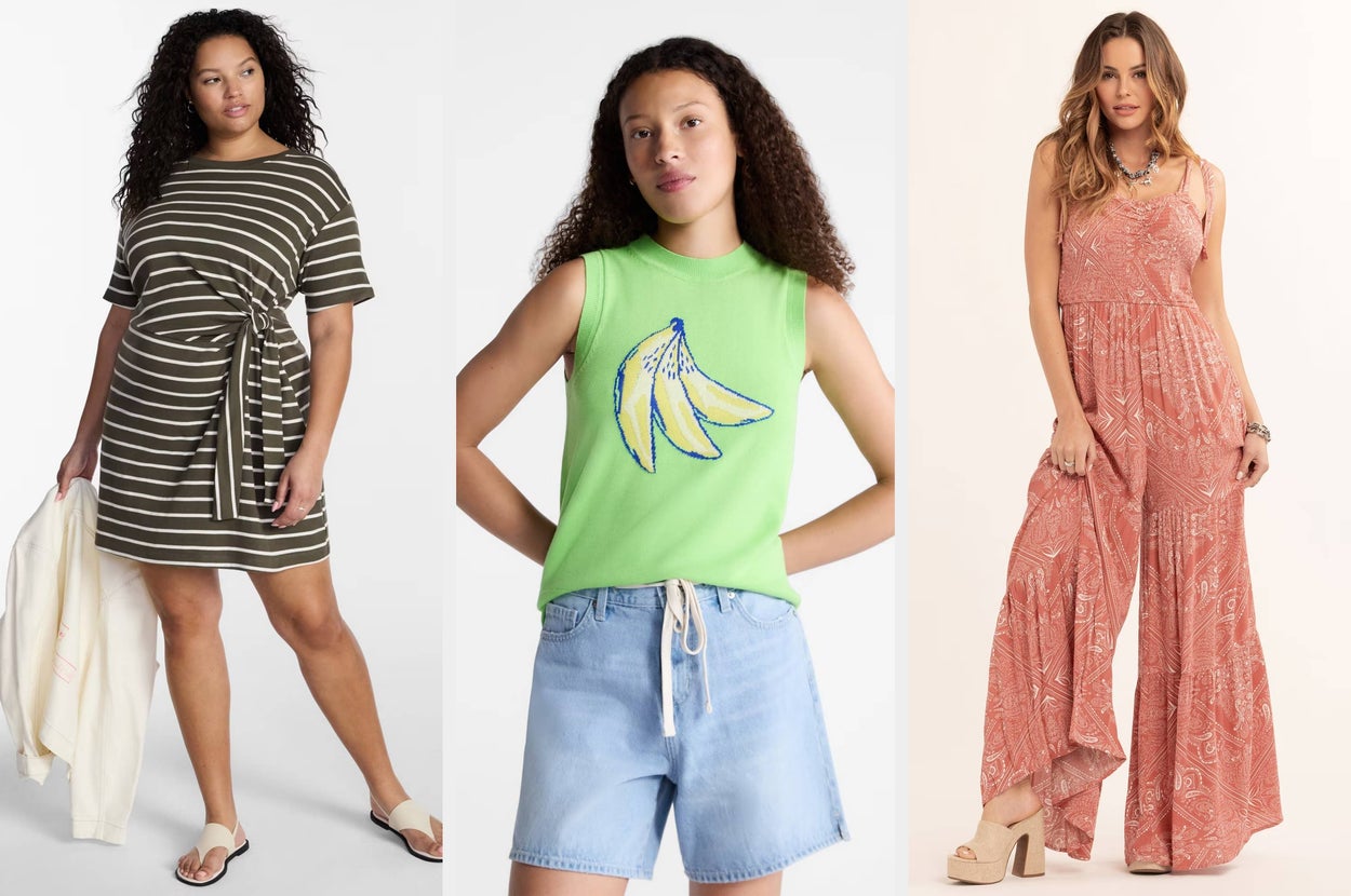 Three models display different outfits: a striped tie-waist dress, a sleeveless top with banana graphic and denim shorts, and a patterned sleeveless jumpsuit